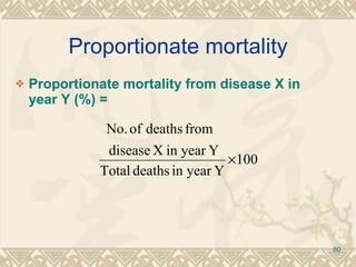 Proportionate mortality Proportionate mortality from disease X in year Y (%) = 