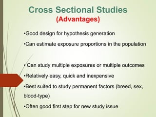 •Good design for hypothesis generation
•Can estimate exposure proportions in the population
• Can study multiple exposures or multiple outcomes
•Relatively easy, quick and inexpensive
•Best suited to study permanent factors (breed, sex,
blood-type)
•Often good first step for new study issue
Cross Sectional Studies
(Advantages)
 