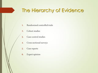 The Hierarchy of Evidence
1. Randomised controlled trials
2. Cohort studies
3. Case-control studies
4. Crosssectional surveys
5. Casereports
6. Expert opinion
 