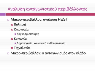 Ανάλυςθ ανταγωνιςτικοφ περιβάλλοντοσ


Μακρο-περιβάλλον: ανάλυςθ PEST
 Πολιτικι
 Οικονομία
 παγκοςμιοποίθςθ

 Κοινωνία
 Δθμογραφία, κοινωνικι

ανκρωπολογία

 Τεχνολογία


Μικρο-περιβάλλον: ο ανταγωνιςμόσ ςτον κλάδο

 