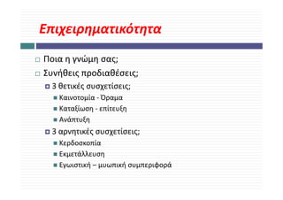 Επιχειρηματικότητα
Ποια η γνώμη σας;
Συνήθεις προδιαθέσεις;
   ή ς ρ            ς;
 3 θετικές συσχετίσεις;
   Καινοτομία
   Καινοτομία ‐ Όραμα
   Καταξίωση ‐ επίτευξη
   Ανάπτυξη 
          ξη
 3 αρνητικές συσχετίσεις;
   Κερδοσκοπία
   Εκμετάλλευση
   Εγωιστική – μυωπική συμπεριφορά
    γ      ή μ       ή μ ρφ ρ
 