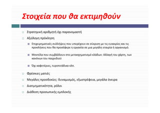 Στοιχεία που θα εκτιμηθούν
Στοιχεία που θα εκτιμηθούν
 Στρατηγική αριθμητή όχι παρανομαστή
          ή    θ ήό                ή
 Αξιόλογη πρόκληση 
    Επιχειρηματικές συλλήψεις που υπερέχουν σε σύκριση με τις ευκαιρίες και τις 
    Επιχειρηματικές συλλήψεις που υπερέχουν σε σύκριση με τις ευκαιρίες και τις
    προκλήσεις που θα προσέφερε η εργασία σε μια μεγάλη εταιρία ή οργανισμό.

    Μοντέλα που συμβάλλουν στο μετασχηματισμό κλάδων: Αλλαγή του χάρτη, των 
    κανόνων του παιχνιδιού

    Όχι καφετέριες, τυροπιτάδικα κλπ.

 Φρέσκιες ματιές
 Μεγάλες προσδοκίες: δυναμισμός, εξωστρέφεια, μεγάλα όνειρα
 Διατμηματικότητα, ρόλοι
 Διάθεση προσωπικής εμπλοκής
 