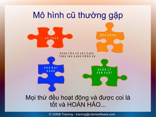 Mô hình cũ thường gặp

                                                            B Á N H À N G
      K Ế TO Á N




                      P H Â N T ÍC H V À X Â Y D Ự N G
                     T Ừ N G Ứ N G D Ụ N G R IÊ N G R Ẽ



      K H O /Đ Ặ T
                                                           Q U Ả N LÝ
        H À N G
                                                          S Ả N X U Ấ T




Mọi thứ đều hoạt động và được coi là
        tốt và HOÀN HẢO...
          © VIAMI Training - training@viamisoftware.com
 