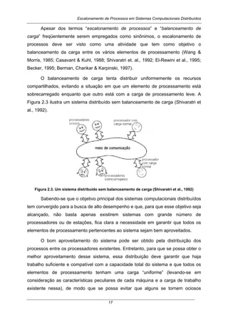 Escalonamento de Processos em Sistemas Computacionais Distribuídos
17
Apesar dos termos “escalonamento de processos” e “balanceamento de
carga” freqüentemente serem empregados como sinônimos, o escalonamento de
processos deve ser visto como uma atividade que tem como objetivo o
balanceamento da carga entre os vários elementos de processamento (Wang &
Morris, 1985; Casavant & Kuhl, 1988; Shivaratri et. al., 1992; El-Rewini et al., 1995;
Becker, 1995; Berman, Charikar & Karpinski, 1997).
O balanceamento de carga tenta distribuir uniformemente os recursos
compartilhados, evitando a situação em que um elemento de processamento está
sobrecarregado enquanto que outro está com a carga de processamento leve. A
Figura 2.3 ilustra um sistema distribuído sem balanceamento de carga (Shivaratri et
al., 1992).
Figura 2.3. Um sistema distribuído sem balanceamento de carga (Shivaratri et al., 1992)
Sabendo-se que o objetivo principal dos sistemas computacionais distribuídos
tem convergido para a busca de alto desempenho e que, para que esse objetivo seja
alcançado, não basta apenas existirem sistemas com grande número de
processadores ou de estações, fica clara a necessidade em garantir que todos os
elementos de processamento pertencentes ao sistema sejam bem aproveitados.
O bom aproveitamento do sistema pode ser obtido pela distribuição dos
processos entre os processadores existentes. Entretanto, para que se possa obter o
melhor aproveitamento desse sistema, essa distribuição deve garantir que haja
trabalho suficiente e compatível com a capacidade total do sistema e que todos os
elementos de processamento tenham uma carga “uniforme” (levando-se em
consideração as características peculiares de cada máquina e a carga de trabalho
existente nessa), de modo que se possa evitar que alguns se tornem ociosos
 