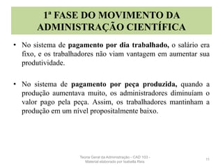 1ª FASE DO MOVIMENTO DA
ADMINISTRAÇÃO CIENTÍFICA
• No sistema de pagamento por dia trabalhado, o salário era
fixo, e os trabalhadores não viam vantagem em aumentar sua
produtividade.
• No sistema de pagamento por peça produzida, quando a
produção aumentava muito, os administradores diminuíam o
valor pago pela peça. Assim, os trabalhadores mantinham a
produção em um nível propositalmente baixo.
11
Teoria Geral da Administração - CAD 103 -
Material elaborado por Isabella Reis
 
