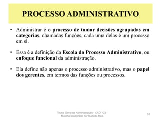 CONTEXTO HISTÓRICO
• Administrar é o processo de tomar decisões agrupadas em
categorias, chamadas funções, cada uma delas é um processo
em si.
• Essa é a definição da Escola do Processo Administrativo, ou
enfoque funcional da administração.
• Ela define não apenas o processo administrativo, mas o papel
dos gerentes, em termos das funções ou processos.
51
PROCESSO ADMINISTRATIVO
Teoria Geral da Administração - CAD 103 -
Material elaborado por Isabella Reis
 