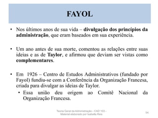 CONTEXTO HISTÓRICO
• Nos últimos anos de sua vida – divulgação dos princípios da
administração, que eram baseados em sua experiência.
• Um ano antes de sua morte, comentou as relações entre suas
ideias e as de Taylor, e afirmou que deviam ser vistas como
complementares.
• Em 1926 – Centro de Estudos Administrativos (fundado por
Fayol) fundiu-se com a Conferência da Organização Francesa,
criada para divulgar as ideias de Taylor.
• Essa união deu origem ao Comitê Nacional da
Organização Francesa.
54
FAYOL
Teoria Geral da Administração - CAD 103 -
Material elaborado por Isabella Reis
 