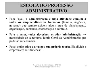 • Para Fayol, a administração é uma atividade comum a
todos os empreendimentos humanos (família, negócios,
governo) que sempre exigem algum grau de planejamento,
organização, comando, coordenação e controle.
• Para o autor, todos deveriam estudar administração →
necessidade de se ter uma Teoria Geral da Administração que
pudesse ser ensinada.
• Fayol então criou e divulgou sua própria teoria. Ela divide a
empresa em seis funções:
57
ESCOLA DO PROCESSO
ADMINISTRATIVO
Teoria Geral da Administração - CAD 103 -
Material elaborado por Isabella Reis
 