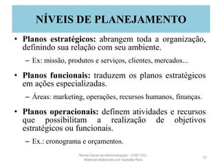• Planos estratégicos: abrangem toda a organização,
definindo sua relação com seu ambiente.
– Ex: missão, produtos e serviços, clientes, mercados...
• Planos funcionais: traduzem os planos estratégicos
em ações especializadas.
– Áreas: marketing, operações, recursos humanos, finanças.
• Planos operacionais: definem atividades e recursos
que possibilitam a realização de objetivos
estratégicos ou funcionais.
– Ex.: cronograma e orçamentos.
72
NÍVEIS DE PLANEJAMENTO
Teoria Geral da Administração - CAD 103 -
Material elaborado por Isabella Reis
 