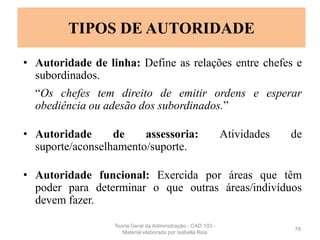 • Autoridade de linha: Define as relações entre chefes e
subordinados.
“Os chefes tem direito de emitir ordens e esperar
obediência ou adesão dos subordinados.”
• Autoridade de assessoria: Atividades de
suporte/aconselhamento/suporte.
• Autoridade funcional: Exercida por áreas que têm
poder para determinar o que outras áreas/indivíduos
devem fazer.
78
TIPOS DE AUTORIDADE
Teoria Geral da Administração - CAD 103 -
Material elaborado por Isabella Reis
 