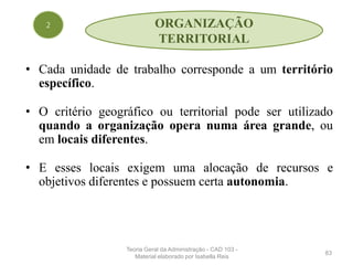• Cada unidade de trabalho corresponde a um território
específico.
• O critério geográfico ou territorial pode ser utilizado
quando a organização opera numa área grande, ou
em locais diferentes.
• E esses locais exigem uma alocação de recursos e
objetivos diferentes e possuem certa autonomia.
83
2 ORGANIZAÇÃO
TERRITORIAL
Teoria Geral da Administração - CAD 103 -
Material elaborado por Isabella Reis
 