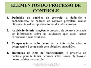 1. Definição de padrões de controle: a definição e
conhecimento de padrões de controle permitem avaliar
eficazmente o desempenho e tomar decisões corretas.
2. Aquisição de informações: o processo de controle depende
de informações sobre as atividades que estão sendo
executadas e seus resultado.
3. Comparação e ação corretiva: a informação sobre o
desempenho é comparada com objetivos ou padrões.
4. Recomeço do ciclo de planejamento: o processo de
controle permite tomar decisões sobre novos objetivos e
novos padrões de controle.
98
ELEMENTOS DO PROCESSO DE
CONTROLE
Teoria Geral da Administração - CAD 103 -
Material elaborado por Isabella Reis
 