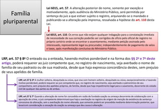 Família
pluriparental
Lei 6015, art. 57. A alteração posterior de nome, somente por exceção e
motivadamente, após audiência do Ministério Público, será permitida por
sentença do juiz a que estiver sujeito o registro, arquivando-se o mandado e
publicando-se a alteração pela imprensa, ressalvada a hipótese do art. 110 desta
Lei.
LRP, art. 57 § 8o O enteado ou a enteada, havendo motivo ponderável e na forma dos §§ 2o e 7o deste
artigo, poderá requerer ao juiz competente que, no registro de nascimento, seja averbado o nome de
família de seu padrasto ou de sua madrasta, desde que haja expressa concordância destes, sem prejuízo
de seus apelidos de família.
Lei 6015, art. 110. Os erros que não exijam qualquer indagação para a constatação imediata
de necessidade de sua correção poderão ser corrigidos de ofício pelo oficial de registro no
próprio cartório onde se encontrar o assentamento, mediante petição assinada pelo
interessado, representante legal ou procurador, independentemente de pagamento de selos
e taxas, após manifestação conclusiva do Ministério Público.
LRP, art.57 § 7o Quando a alteração de nome for concedida em razão de fundada coação ou ameaça decorrente de colaboração com a
apuração de crime, o juiz competente determinará que haja a averbação no registro de origem de menção da existência de sentença
concessiva da alteração, sem a averbação do nome alterado, que somente poderá ser procedida mediante determinação posterior, que
levará em consideração a cessação da coação ou ameaça que deu causa à alteração.
LRP, art.57 § 2º A mulher solteira, desquitada ou viúva, que viva com homem solteiro, desquitado ou viúvo, excepcionalmente e havendo
motivo ponderável, poderá requerer ao juiz competente que, no registro de nascimento, seja averbado o patronímico de seu
companheiro, sem prejuízo dos apelidos próprios, de família, desde que haja impedimento legal para o casamento, decorrente do estado
civil de qualquer das partes ou de ambas.
 
