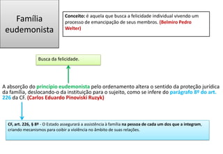 Família
eudemonista
A absorção do princípio eudemonista pelo ordenamento altera o sentido da proteção jurídica
da família, deslocando-o da instituição para o sujeito, como se infere do parágrafo 8º do art.
226 da CF. (Carlos Eduardo Pinoviski Ruzyk)
Busca da felicidade.
CF, art. 226, § 8º - O Estado assegurará a assistência à família na pessoa de cada um dos que a integram,
criando mecanismos para coibir a violência no âmbito de suas relações.
Conceito: é aquela que busca a felicidade individual vivendo um
processo de emancipação de seus membros. (Belmiro Pedro
Welter)
 