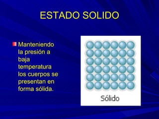 ESTADO SOLIDO

Manteniendo
la presión a
baja
temperatura
los cuerpos se
presentan en
forma sólida.
 