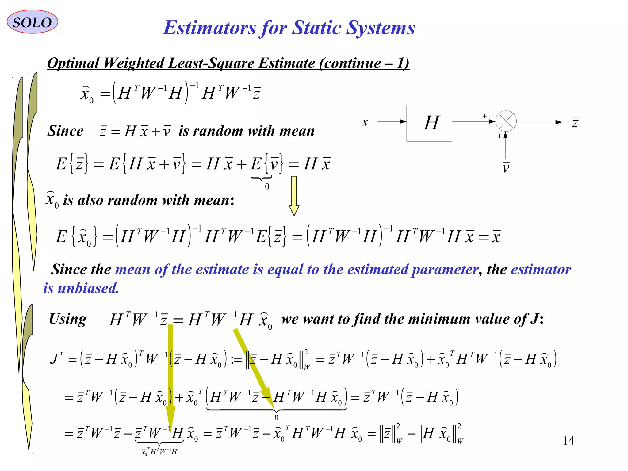 14
v
H zx
SOLO
Optimal Weighted Least-Square Estimate (continue – 1)
( ) zWHHWHx TT 111
0
−−−
=

Since the mean of the estimate is equal to the estimated parameter, the estimator
is unbiased.
vxHz +=Since is random with mean
{ } { } { } xHvExHvxHEzE =+=+=
0
{ } ( ) { } ( ) xxHWHHWHzEWHHWHxE TTTT
=== −−−−−− 111111
0

is also random with mean:0
x

( ) ( ) ( ) ( )0
1
00
12
00
1
0
*
: xHzWHxxHzWzxHzxHzWxHzJ TTT
W
T 
−+−=−=−−= −−−
Using we want to find the minimum value of J:0
11
xHWHzWH TT −−
=
( ) ( ) ( )0
1
0
0
11
00
1
xHzWzxHWHzWHxxHzWz TTTTT 
  

−=−+−= −−−−
2
0
2
0
1
0
1
0
11
1
0
WW
TTT
HWHx
TT
xHzxHWHxzWzxHWzzWz
TT


−=−=−= −−−−
−
Estimators for Static Systems
 