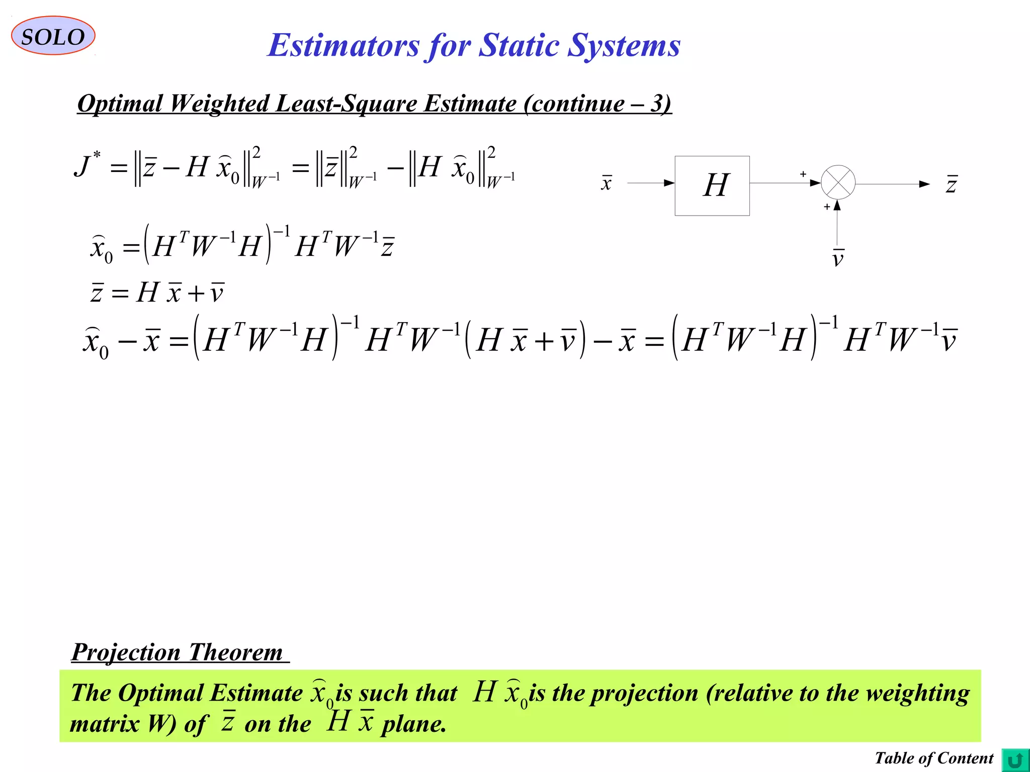 16
v
H zx
2
0
22
0
*
111 −−− −=−= WWW
xHzxHzJ

SOLO
Optimal Weighted Least-Square Estimate (continue – 3)
Projection Theorem
The Optimal Estimate is such that is the projection (relative to the weighting
matrix W) of on the plane.
0
x

z
0
xH

xH
Table of Content
( )
vxHz
zWHHWHx TT
+=
= −−− 111
0

( ) ( ) ( ) vWHHWHxvxHWHHWHxx TTTT 111111
0
−−−−−−
=−+=−

Estimators for Static Systems
 