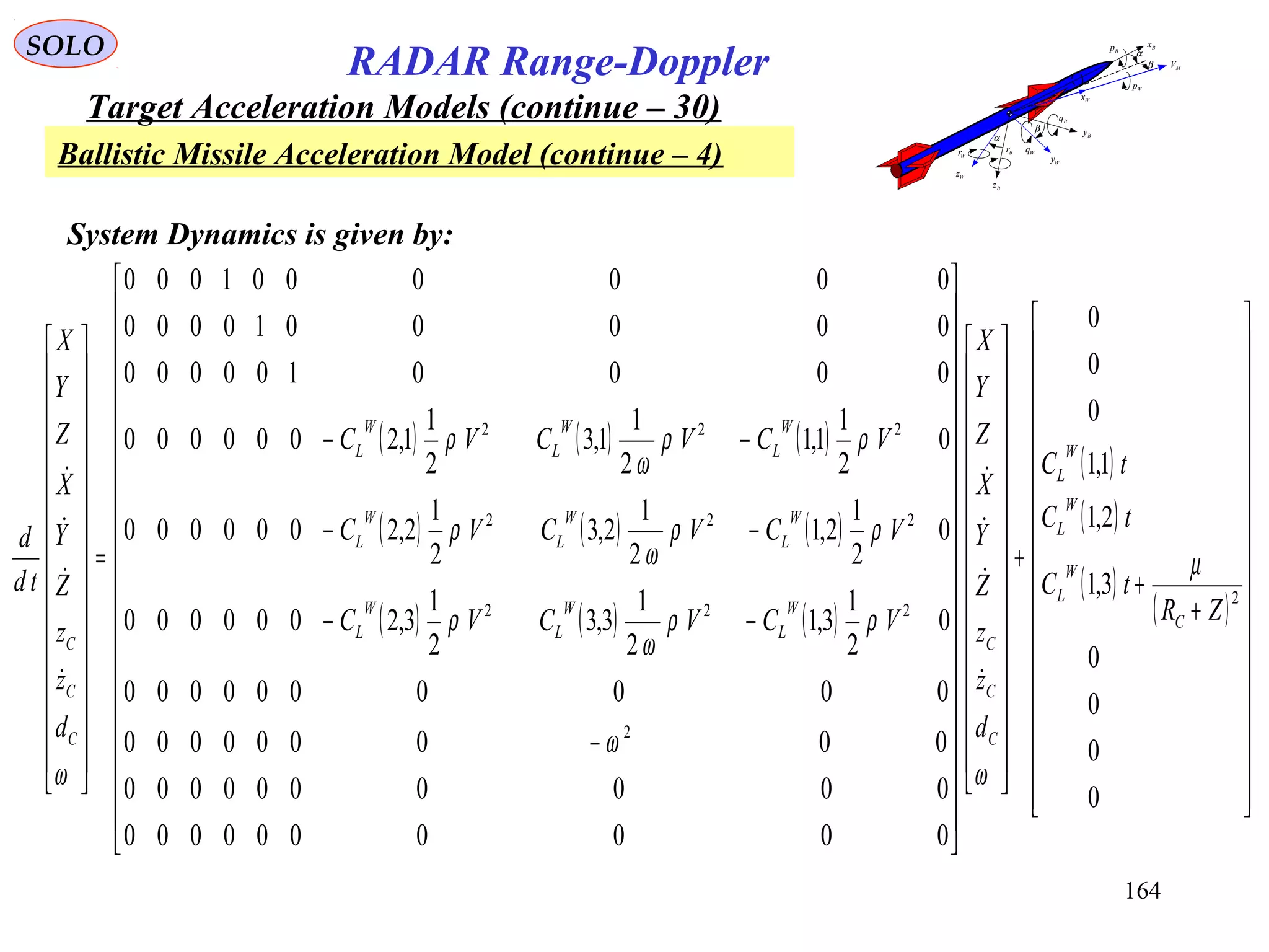 164
SOLO
RADAR Range-Doppler
Target Acceleration Models (continue – 30)
Ballistic Missile Acceleration Model (continue – 4)
MV
Bx
By
Bz
Wz
Wy
Wx
α
β
α
β
Bp
Wp
Bq
WqBr
Wr
( ) ( ) ( )
( ) ( ) ( )
( ) ( ) ( )
( )
( )
( )
( )




































+
+
+








































































−
−−
−−
−−
=
































0
0
0
0
3,1
2,1
1,1
0
0
0
0000000000
0000000000
000000000
0000000000
0
2
1
3,1
2
1
3,3
2
1
3,2000000
0
2
1
2,1
2
1
2,3
2
1
2,2000000
0
2
1
1,1
2
1
1,3
2
1
1,2000000
0000100000
0000010000
0000001000
2
2
222
222
222
ZR
tC
tC
tC
d
z
z
Z
Y
X
Z
Y
X
VCVCVC
VCVCVC
VCVCVC
d
z
z
Z
Y
X
Z
Y
X
td
d
C
W
L
W
L
W
L
C
C
C
W
L
W
L
W
L
W
L
W
L
W
L
W
L
W
L
W
L
C
C
C
µ
ω
ω
ρρ
ω
ρ
ρρ
ω
ρ
ρρ
ω
ρ
ω








System Dynamics is given by:
 