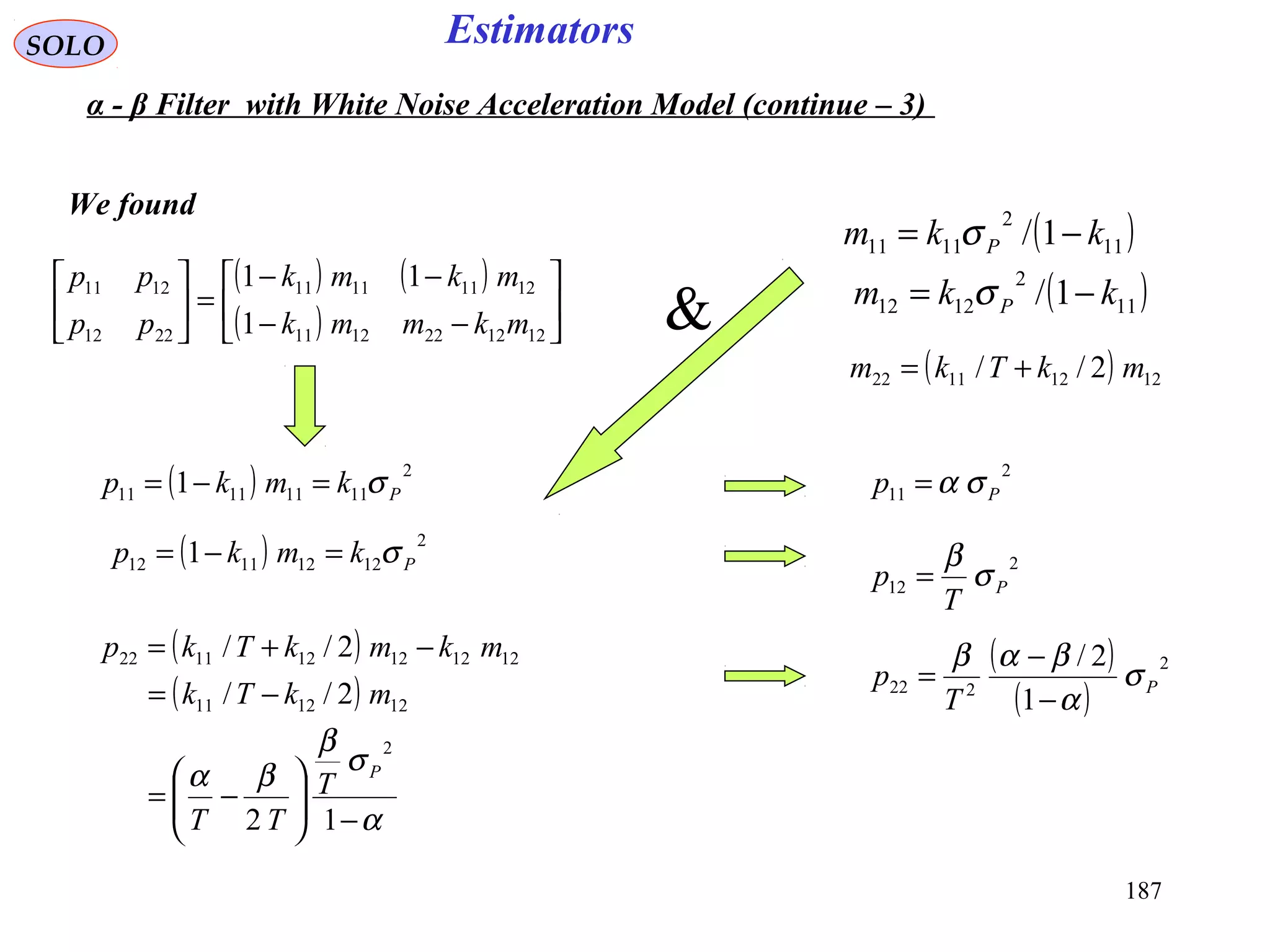 187
EstimatorsSOLO
We found
( ) ( )
( ) 





−−
−−
=





1212221211
12111111
2212
1211
1
11
mkmmk
mkmk
pp
pp
( )11
2
1111 1/ kkm P −= σ
( )11
2
1212 1/ kkm P −= σ
( ) 12121122 2// mkTkm +=
( ) 2
11111111 1 Pkmkp σ=−=
( ) 2
12121112 1 Pkmkp σ=−=
( )
( )
α
σ
β
βα
−





−=
−=
−+=
12
2//
2//
2
121211
121212121122
P
T
TT
mkTk
mkmkTkp
2
11 Pp σα=
2
12 P
T
p σ
β
=
( )
( )
2
222
1
2/
P
T
p σ
α
βαβ
−
−
=
&
α - β Filter with White Noise Acceleration Model (continue – 3)
 