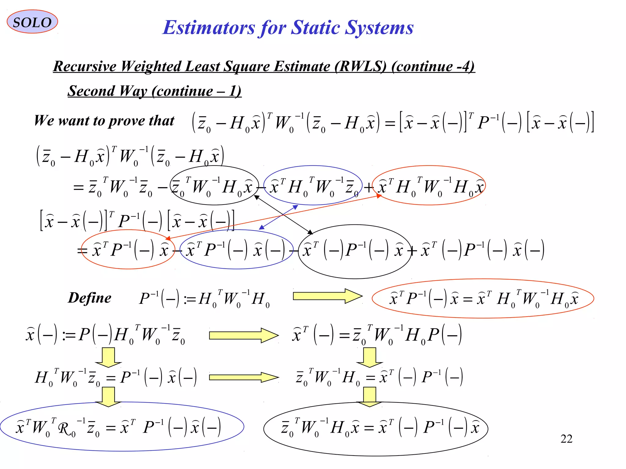22
( ) 0
1
00
1
: HWHP
T −−
=−
SOLO
Recursive Weighted Least Square Estimate (RWLS) (continue -4)
Second Way (continue – 1)
We want to prove that
Define
( ) ( ) 0
1
00: zWHPx
T −
−=−

( ) ( )−=−
−
PHWzx
TT
0
1
00

( ) ( )−−= −−
xPzWH
T 1
0
1
00
( ) ( )−−= −− 1
0
1
00 PxHWz TT 
( ) ( ) ( )[ ] ( ) ( )[ ]−−−−−=−− −−
xxPxxxHzWxHz
TT  1
00
1
000
( ) ( )
xHWHxzWHxxHWzzWz
xHzWxHz
TTTTTT
T


0
1
000
1
000
1
000
1
00
00
1
000
−−−−
−
+−−=
−−
( )[ ] ( ) ( )[ ]
( ) ( ) ( ) ( ) ( ) ( ) ( ) ( )−−−+−−−−−−−=
−−−−−
−−−−
−
xPxxPxxPxxPx
xxPxx
TTTT
T


1111
1
( ) ( ) xPxxHWz TT 
−−= −− 1
0
1
00
( ) ( )−−= −−
xPxzWx TTT  1
0
1
00
R
( ) xHWHxxPx
TTT 
0
1
00
1 −−
=−
Estimators for Static Systems
 