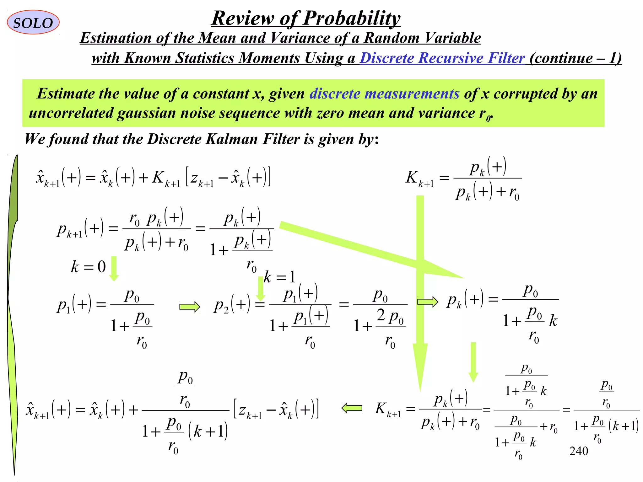 240
SOLO Review of Probability
Estimate the value of a constant x, given discrete measurements of x corrupted by an
uncorrelated gaussian noise sequence with zero mean and variance r0.
We found that the Discrete Kalman Filter is given by:
( ) ( ) ( )[ ]+−++=+ +++ kkkkk xzKxx ˆˆˆ 111
( ) ( )
( )
( )
( )
0
0
0
1
1
r
p
p
rp
pr
p
k
k
k
k
k
+
+
+
=
++
+
=++
( )
0
0
0
1
1
r
p
p
p
+
=+ ( ) ( )
( )
0
1
1
2
1
r
p
p
p
+
+
+
=+ ( )
k
r
p
p
pk
0
0
0
1+
=+
( )
( ) 0
1
rp
p
K
k
k
k
++
+
=+
( )
( ) 0
1
rp
p
K
k
k
k
++
+
=+( ) ( )
( )
( )[ ]+−
++
++=+ ++ kkkk xz
k
r
p
r
p
xx ˆ
11
ˆˆ 1
0
0
0
0
1
0=k
1=k
0
0
0
2
1
r
p
p
+
=
( )11
1
1
0
0
0
0
0
0
0
0
0
0
0
++
=
+
+
+
=
k
r
p
r
p
r
k
r
p
p
k
r
p
p
with Known Statistics Moments Using a Discrete Recursive Filter (continue – 1)
Estimation of the Mean and Variance of a Random Variable
 