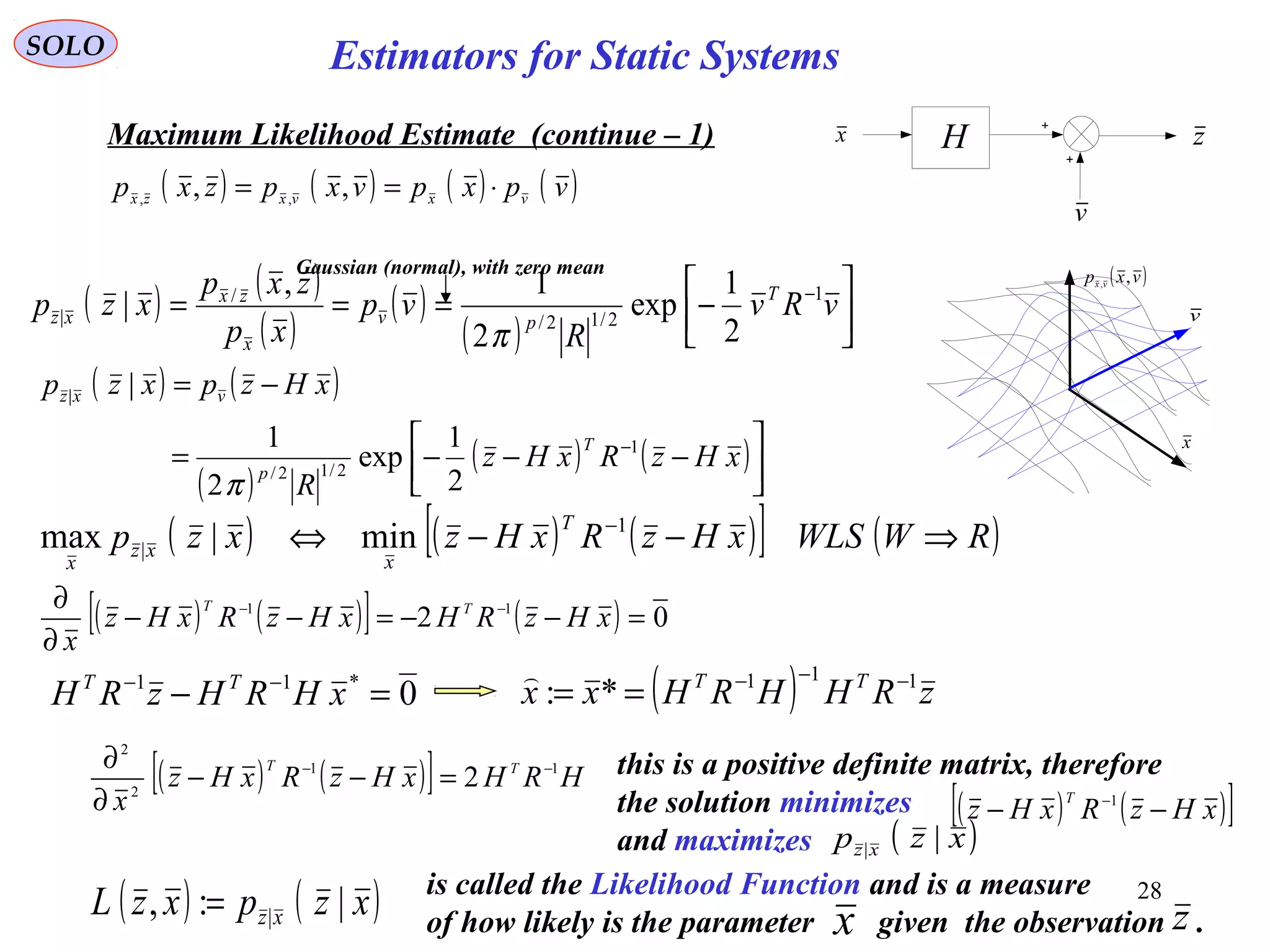 28
SOLO
Maximum Likelihood Estimate (continue – 1)
v
H zx
( ) ( ) ( ) ( )vpxpvxpzxp vxvxzx ⋅== ,, ,,
x
v
( )vxp vx
,,
( ) ( )
( )
( ) ( )





−−−=
−=
−
xHzRxHz
R
xHzpxzp
T
p
vxz
1
2/12/
|
2
1
exp
2
1
|
π
( ) ( ) ( )[ ] ( )RWWLSxHzRxHzxzp
T
x
xz
x
⇒−−⇔ −1
| min|max
( ) ( )[ ] ( ) 02 11
=−−=−−
∂
∂ −−
xHzRHxHzRxHz
x
TT
0*11
=− −−
xHRHzRH TT
( ) zRHHRHxx TT 111
*: −−−
==

( ) ( )[ ] HRHxHzRxHz
x
TT 11
2
2
2 −−
=−−
∂
∂ this is a positive definite matrix, therefore
the solution minimizes
and maximizes
( ) ( )[ ]xHzRxHz
T
−− −1
( )xzp xz ||
( ) ( )
( )
( )
( ) 



−=== −
vRv
R
vp
xp
zxp
xzp T
pv
x
zx
xz
1
2/12/
/
|
2
1
exp
2
1,
|
π
Gaussian (normal), with zero mean
( ) ( )xzpxzL xz |:, |=
is called the Likelihood Function and is a measure
of how likely is the parameter given the observation .x z
Estimators for Static Systems
 