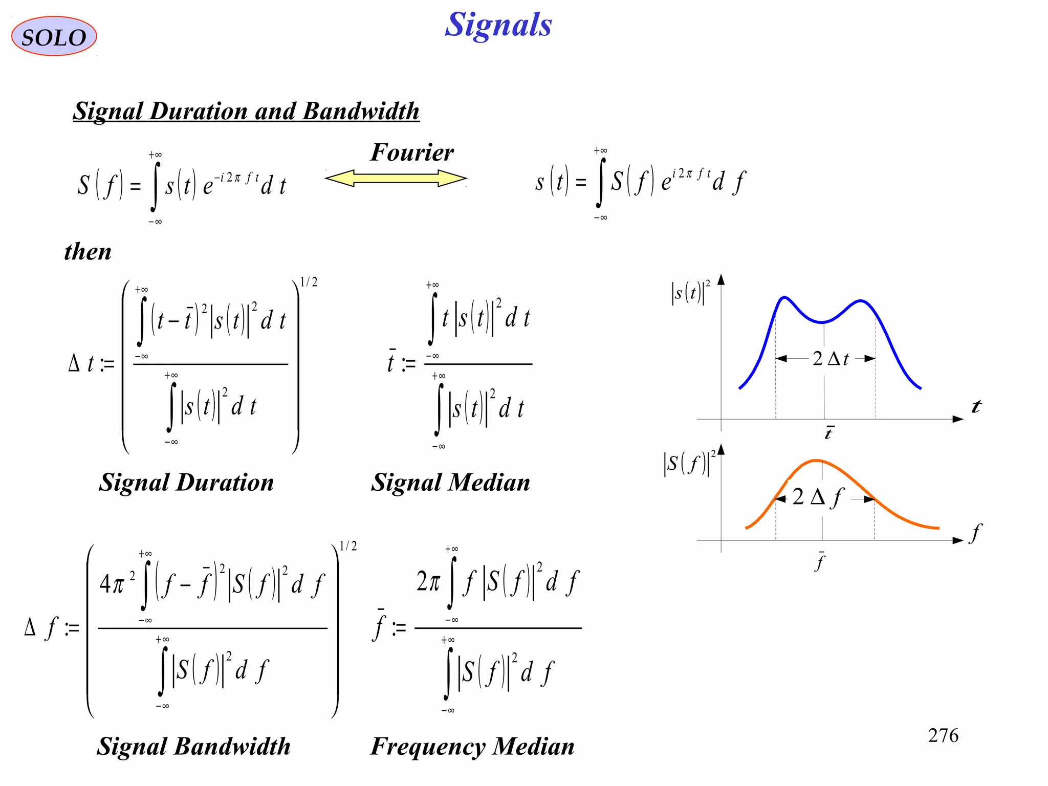 276
SignalsSOLO
Signal Duration and Bandwidth
then
( ) ( )∫
+∞
∞−
−
= tdetsfS tfi π2
( ) ( )∫
+∞
∞−
= fdefSts tfi π2
t
t∆2
t
( ) 2
ts
f
f
f∆2
( ) 2
fS
( ) ( )
( )
2/1
2
22
:














−
=∆
∫
∫
∞+
∞−
+∞
∞−
tdts
tdtstt
t
( )
( )∫
∫
∞+
∞−
+∞
∞−
=
tdts
tdtst
t
2
2
:
Signal Duration Signal Median
( ) ( )
( )
2/1
2
22
2
4
:














−
=∆
∫
∫
∞+
∞−
+∞
∞−
fdfS
fdfSff
f
π ( )
( )∫
∫
∞+
∞−
+∞
∞−
=
fdfS
fdfSf
f
2
2
2
:
π
Signal Bandwidth Frequency Median
Fourier
 