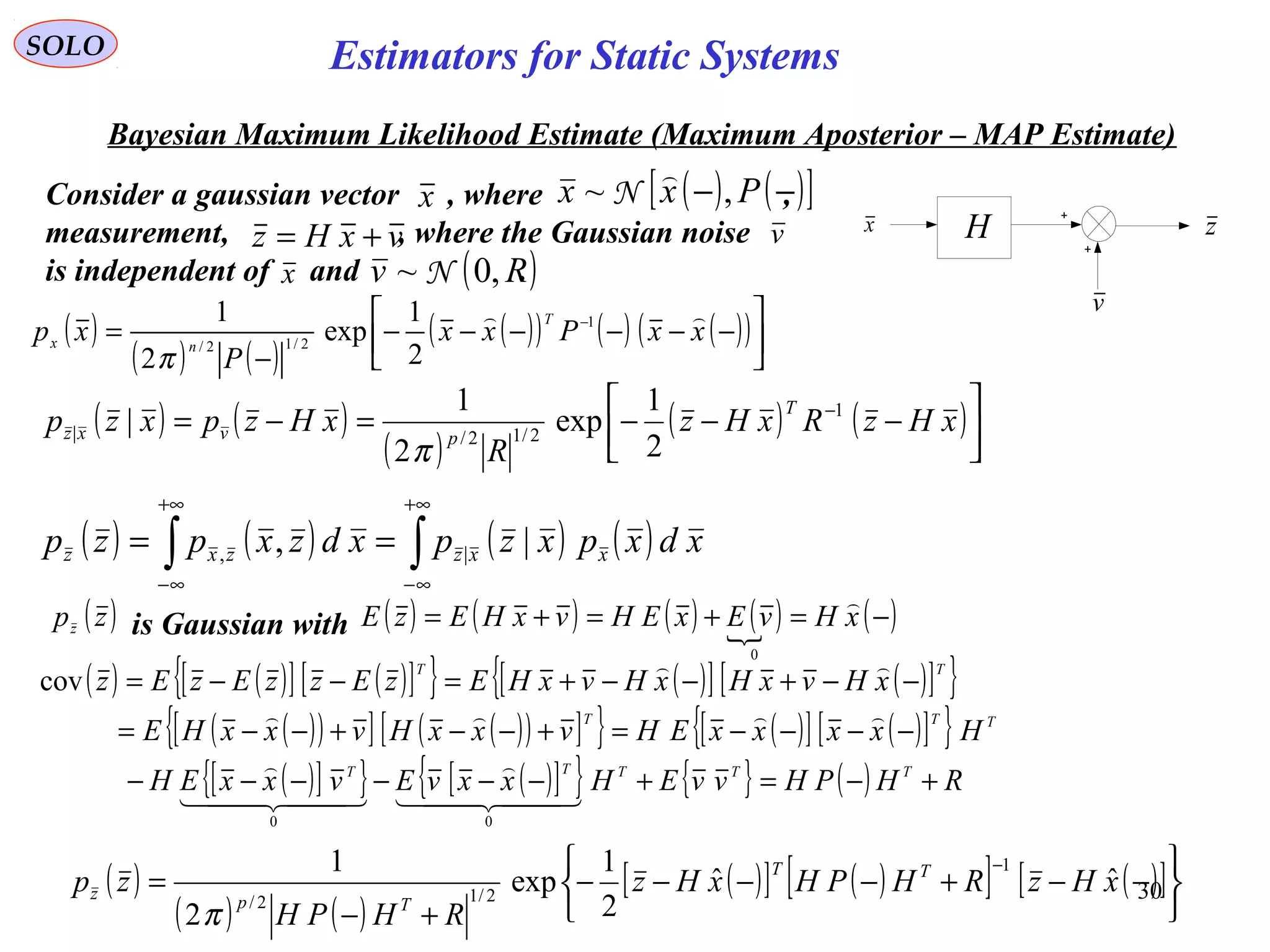 30
SOLO
Bayesian Maximum Likelihood Estimate (Maximum Aposterior – MAP Estimate)
v
H zx
vxHz +=
Consider a gaussian vector , where ,
measurement, , where the Gaussian noise
is independent of and .( )Rv ,0~ N
v
x ( ) ( )[ ]−− Pxx ,~

N
x
( )
( ) ( )
( )( ) ( ) ( )( )





−−−−−−
−
= −
xxPxx
P
xp
T
nx
 1
2/12/
2
1
exp
2
1
π
( ) ( )
( )
( ) ( )





−−−=−= −
xHzRxHz
R
xHzpxzp
T
pvxz
1
2/12/|
2
1
exp
2
1
|
π
( ) ( ) ( ) ( )∫∫
+∞
∞−
+∞
∞−
== xdxpxzpxdzxpzp xxzzxz |, |,
is Gaussian with( )zpz ( ) ( ) ( ) ( ) ( )−=+=+= xHvExEHvxHEzE

0
( ) ( )[ ] ( )[ ]{ } ( )[ ] ( )[ ]{ }
( )( )[ ] ( )( )[ ]{ } ( )[ ] ( )[ ]{ }
( )[ ]{ } ( )[ ]{ } { } ( ) RHPHvvEHxxvEvxxEH
HxxxxEHvxxHvxxHE
xHvxHxHvxHEzEzzEzEz
TTTTT
TTT
TT
+−=+−−−−−−
−−−−=+−−+−−=
−−+−−+=−−=
  

  



00
cov
( )
( ) ( )
( )[ ] ( )[ ] ( )[ ]






−−+−−−−
+−
=
−
xHzRHPHxHz
RHPH
zp TT
Tpz
ˆˆ
2
1
exp
2
1 1
2/12/
π
Estimators for Static Systems
 
