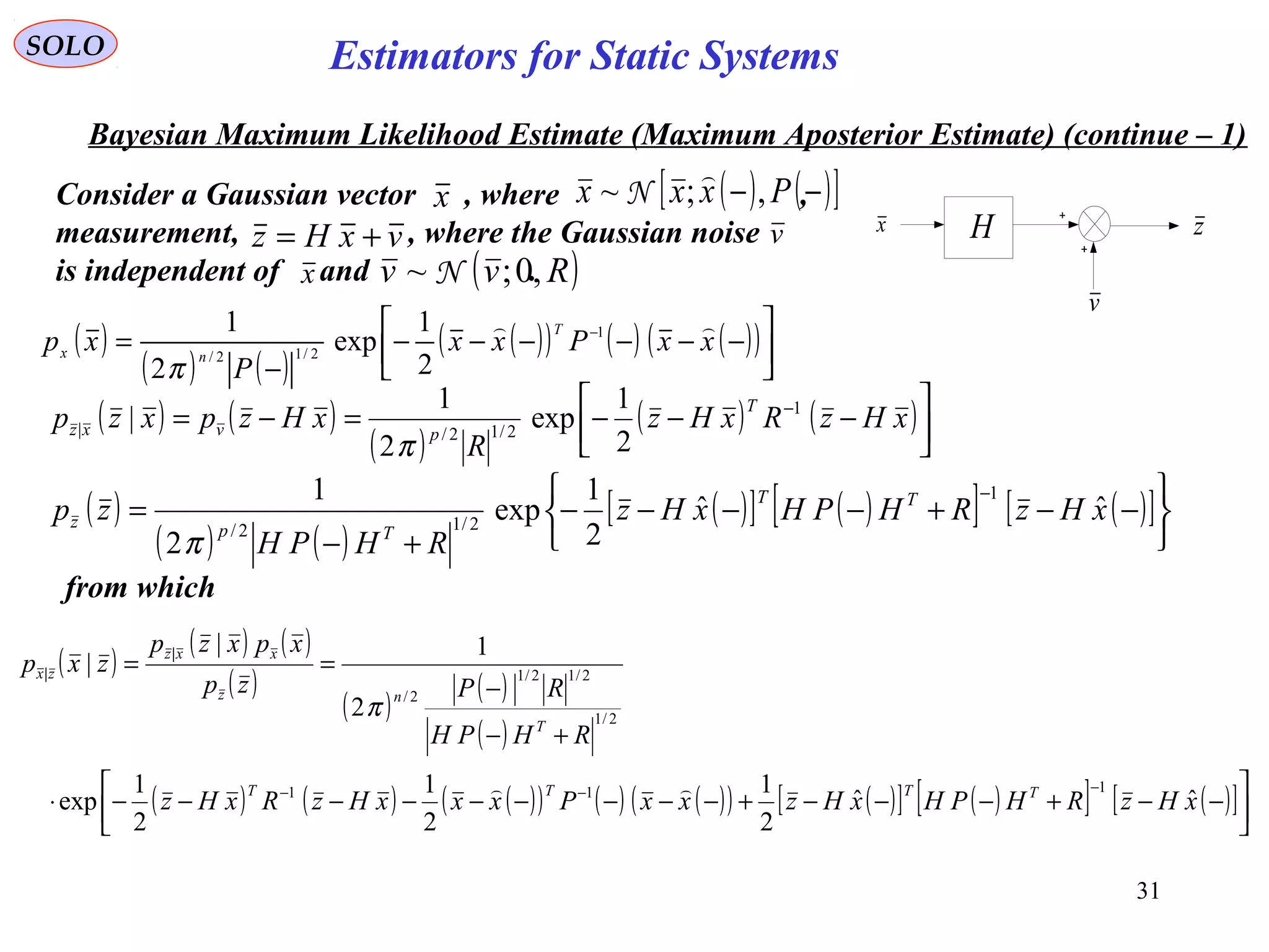 31
SOLO
Bayesian Maximum Likelihood Estimate (Maximum Aposterior Estimate) (continue – 1)
v
H zx
vxHz +=
Consider a Gaussian vector , where ,
measurement, , where the Gaussian noise
is independent of and .( )Rvv ,0;~ N
v
x ( ) ( )[ ]−− Pxxx ,;~

N
x
( )
( ) ( )
( )( ) ( ) ( )( )





−−−−−−
−
= −
xxPxx
P
xp
T
nx
 1
2/12/
2
1
exp
2
1
π
( ) ( )
( )
( ) ( )



−−−=−= −
xHzRxHz
R
xHzpxzp
T
pvxz
1
2/12/|
2
1
exp
2
1
|
π
( )
( ) ( )
( )[ ] ( )[ ] ( )[ ]






−−+−−−−
+−
=
−
xHzRHPHxHz
RHPH
zp TT
Tpz
ˆˆ
2
1
exp
2
1 1
2/12/
π
( )
( ) ( )
( )
( )
( )
( )
( ) ( ) ( )( ) ( ) ( )( ) ( )[ ] ( )[ ] ( )[ ]





−−+−−−+−−−−−−−−−⋅
+−
−
==
−−−
xHzRHPHxHzxxPxxxHzRxHz
RHPH
RPzp
xpxzp
zxp
TTTT
T
nz
xxz
zx
ˆˆ
2
1
2
1
2
1
exp
2
1|
|
111
2/1
2/12/1
2/
|
|

π
from which
Estimators for Static Systems
 