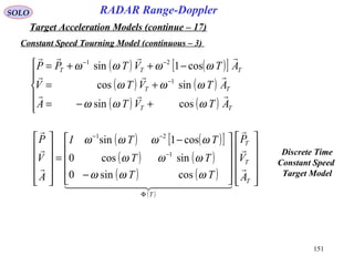 151
SOLO
Constant Speed Tourning Model (continuous – 3)
RADAR Range-Doppler
Target Acceleration Models (continue – 17)
( ) ( )[ ]
( ) ( )
( ) ( )





+−=
+=
−++=
−
−−
TT
TT
TTT
ATVTA
ATVTV
ATVTPP



ωωω
ωωω
ωωωω
cossin
sincos
cos1sin
1
21
( ) ( )[ ]
( ) ( )
( ) ( )
( )






















−
−
=












Φ
−
−−
T
T
T
T
A
V
P
TT
TT
TTI
A
V
P



  



ωωω
ωωω
ωωωω
cossin0
sincos0
cos1sin
1
21
Discrete Time
Constant Speed
Target Model
 