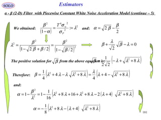 181
EstimatorsSOLO
0
2
=−+ λβ
λ
β
The positive solution for from the above equation is:β ( )λλλβ 8
22
1 2
++−=
Therefore: ( ) ( )λλλ
λ
λλλλλβ 84
4
84
4
1 222
+−+=+−+=
and:
( )( )λλλλλλλ
λ
β
α 8428168
16
1
11 222
2
2
++−++++−=−=
( )( )λλλλλα 848
8
1 22
++−+−=
2
2
β
βα −=We obtained:
( )
2
2
242
:
1
λ
σ
σ
α
β
==
− P
wT
and:
( ) ( )2
22
2
2/12/21 β
β
ββ
β
λ
−
=
+−
=
α - β (2-D) Filter with Piecewise Constant White Noise Acceleration Model (continue – 5)
 