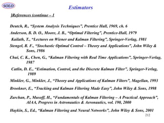 212
EstimatorsSOLO
References (continue – 1(
Minkler, G., Minkler, J., “Theory and Applications of Kalman Filters”, Magellan, 1993
Stengel, R. F., “Stochastic Optimal Control – Theory and Applications”, John Wiley &
Sons, 1986
Kailath, T., “Lectures on Wiener and Kalman Filtering”, Springer-Verlag, 1981
Anderson, B. D. O., Moore, J. B., “Optimal Filtering”, Prentice-Hall, 1979
Deutch, R., “System Analysis Techniques”, Prentice Hall, 1969, ch. 6
Chui, C. K., Chen, G., “Kalman Filtering with Real Time Applications”, Springer-Verlag,
1987
Catlin, D. E., “Estimation, Control, and the Discrete Kalman Filter”, Springer-Verlag,
1989
Haykin, S., Ed., “Kalman Filtering and Neural Networks”, John Wiley & Sons, 2001
Zarchan, P., Musoff, H., “Fundamentals of Kalman Filtering – A Practical Approach”,
AIAA, Progress in Astronautics & Aeronautics, vol. 190, 2000
Brookner, E., “Tracking and Kalman Filtering Made Easy”, John Wiley & Sons, 1998
 