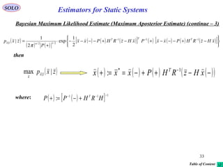 33
SOLO
Bayesian Maximum Likelihood Estimate (Maximum Aposterior Estimate) (continue – 3)
then
where: ( ) ( )[ ] 111
:
−−−
+−=+ HRHPP T
( )
( ) ( )
( ) ( ) ( )[ ] ( ) ( ) ( ) ( )[ ]






−+−−−+−+−−−−⋅
+
= −−−
xHzRHPxxPxHzRHPxx
P
zxp TTT
nzx
111
2/12/|
2
1
exp
2
1
|

π
( )zxp zx
x
|max | ( ) ( ) ( ) ( )( )−−++−==+ −
xHzRHPxxx T  1*
:
Table of Content
Estimators for Static Systems
 