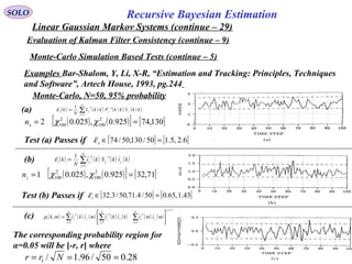 80
Recursive Bayesian EstimationSOLO
Linear Gaussian Markov Systems (continue – 29)
Evaluation of Kalman Filter Consistency (continue – 9)
Examples Bar-Shalom, Y, Li, X-R, “Estimation and Tracking: Principles, Techniques
and Software”, Artech House, 1993, pg.244
Monte-Carlo Simulation Based Tests (continue – 5)
Monte-Carlo, N=50, 95% probability
[ ] [ ]6.2,5.150/130,50/74 =∈xεTest (a) Passes if
( ) ( ) ( ) ( )∑=
−
=
N
j
jj
T
jx kkxkkPkkx
N
k
1
1
|~||~1
:ε(a)
( ) ( ) ( ) ( ) ( ) ( ) ( )
2/1
111
:,
−
===






= ∑∑∑
N
j
j
T
j
N
j
j
T
j
N
j
j
T
ji mimikikimikimkρ(c)
The corresponding probability region for
α=0.05 will be [-r, r] where
28.050/96.1/1 === Nrr
[ ] [ ]43.1,65.050/4.71,50/3.32 =∈iεTest (b) Passes if
( ) ( ) ( ) ( )∑=
−
=
N
j
jj
T
ji kikSki
N
k
1
11
:ε(b)
( ) ( )[ ] [ ]130,74925.0,025.02 2
100
2
100 == χχxn
( ) ( )[ ] [ ]71,32925.0,025.01 2
100
2
100 == χχzn
 
