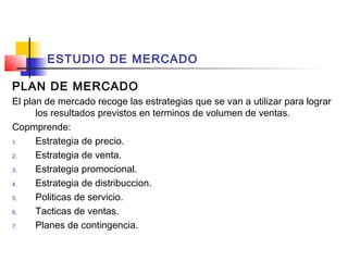 ESTUDIO DE MERCADO

PLAN DE MERCADO
El plan de mercado recoge las estrategias que se van a utilizar para lograr
      los resultados previstos en terminos de volumen de ventas.
Copmprende:
1.    Estrategia de precio.
2.    Estrategia de venta.
3.    Estrategia promocional.
4.    Estrategia de distribuccion.
5.    Politicas de servicio.
6.    Tacticas de ventas.
7.    Planes de contingencia.
 