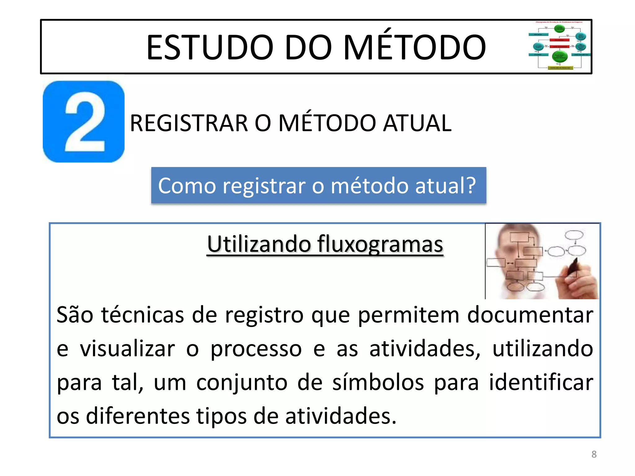 REGISTRAR O MÉTODO ATUAL
ESTUDO DO MÉTODO
Como registrar o método atual?
Utilizando fluxogramas
São técnicas de registro que permitem documentar
e visualizar o processo e as atividades, utilizando
para tal, um conjunto de símbolos para identificar
os diferentes tipos de atividades.
8
 