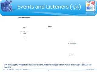 Events and Listeners (1/4)
5
TIP: much of the widget state is stored in the platform widget rather than in the widget itself (as for
SWING)
class SWTWidgets Model
User
Widget
xxxEv ent
xxxListener
+ eventHandler()
«interface»
xxxListener
Trigger the source
«flow»
October 2013Copyright © 2013 Luca D’Onofrio – RCP Solutions
 