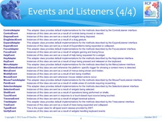 ControlAdapter This adapter class provides default implementations for the methods described by the ControlListener interface.
ControlEvent Instances of this class are sent as a result of controls being moved or resized.
DisposeEvent Instances of this class are sent as a result of widgets being disposed.
DragDetectEvent Instances of this class are sent as a result of a drag gesture.
ExpandAdapter This adapter class provides default implementations for the methods described by the ExpandListener interface.
ExpandEvent Instances of this class are sent as a result of ExpandItems being expanded or collapsed.
FocusAdapter This adapter class provides default implementations for the methods described by the FocusListener interface.
FocusEvent Instances of this class are sent as a result of widgets gaining and losing focus.
HelpEvent Instances of this class are sent as a result of help being requested for a widget.
KeyAdapter This adapter class provides default implementations for the methods described by the KeyListener interface.
KeyEvent Instances of this class are sent as a result of keys being pressed and released on the keyboard.
MenuAdapter This adapter class provides default implementations for the methods described by the MenuListener interface.
MenuDetectEvent Instances of this class are sent whenever the platform- specific trigger for showing a context menu is detected.
MenuEvent Instances of this class are sent as a result of menus being shown and hidden.
ModifyEvent Instances of this class are sent as a result of text being modified.
MouseEvent Instances of this class are sent whenever mouse related actions occur.
MouseTrackAdapter This adapter class provides default implementations for the methods described by the MouseTrackListener interface.
PaintEvent Instances of this class are sent as a result of visible areas of controls requiring re-painting.
SelectionAdapter This adapter class provides default implementations for the methods described by the SelectionListener interface.
SelectionEvent Instances of this class are sent as a result of widgets being selected.
ShellEvent Instances of this class are sent as a result of operations being performed on shells.
TouchEvent Instances of this class are sent in response to a touch-based input source being touched.
TraverseEvent Instances of this class are sent as a result of widget traversal actions.
TreeAdapter This adapter class provides default implementations for the methods described by the TreeListener interface.
TreeEvent Instances of this class are sent as a result of trees being expanded and collapsed.
TypedEvent This is the super class for all typed event classes provided by SWT.
VerifyEvent Instances of this class are sent as a result of widgets handling keyboard events
Events and Listeners (4/4)
8
October 2013Copyright © 2013 Luca D’Onofrio – RCP Solutions
 