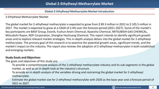 © Dhirtek Business Research and Consulting Private Limited www.dhirtekbusinessresearch.com
Global 2-Ethylhexyl Methacrylate Market
Global 2-Ethylhexyl Methacrylate Market Introduction
4
2-Ethylhexyl Methacrylate Market
The global market for 2-ethylhexyl methacrylate is expected to grow from $ 89.3 million in 2021 to $ 105.5 million in
2027. The market is expected to grow at a CAGR of 2.4% over the forecast period (2021-2027). Some of the market's
key participants are BASF Group, Evonik, Fushun Anxin Chemical, Kyoeisha Chemical, MITSUBISHI GAS CHEMICAL,
Mitsubishi Rayon, NOF Corporation, Shanghai Hechuang Chemical. This report intends to identify significant growth
areas and to explore relevant market strategies. This in-depth analysis delves into the global market for 2-ethylhexyl
methacrylate. The primary goal of this research is to examine the potential growth areas, significant trends, and the
market's impact on the industry. The report also reviews the adoption of 2-ethylhexyl methacrylate in both established
and emerging markets.
Study Goals and Objectives
The goals and objectives of this study are:
To provide a comprehensive analysis of the 2-ethylhexyl methacrylate industry and its sub-segments in the global
market, as well as an in-depth look at the industry's structure.
To provide an in-depth analysis of the variables driving and restraining the global market for 2-ethylhexyl
methacrylate.
Estimate the global market size for 2-ethylhexyl methacrylate with 2020 as the base year and a forecast period of
2021 to 2027.
 