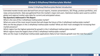 © Dhirtek Business Research and Consulting Private Limited www.dhirtekbusinessresearch.com
Global 2-Ethylhexyl Methacrylate Market
Global 2-Ethylhexyl Methacrylate Market Introduction
7
Estimated market trends were derived from annual reports, investor presentations, SEC filings, product portfolios, and
news announcements. Data was gathered from the market's major end-users. Statistical studies were used to confirm
global and regional market sales data for current and anticipated values.
Key Questions Addressed in This Report
What is the size of the 2-ethylhexyl methacrylate market?
What are some of the most recent trends that will shape the future of the 2-ethylhexyl methacrylate market?
Who are the key players in the 2-ethylhexyl methacrylate market? What are their main strategies for increasing their
market presence?
Which region has the highest potential for growth in the 2-ethylhexyl methacrylate market?
Which regions have the largest share of the 2-ethylhexyl methacrylate market?
Who are the major 2-ethylhexyl methacrylate applications likely to fuel industry growth over the next five years?
 