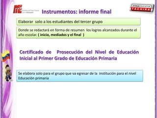 Instrumentos: informe final
Elaborar solo a los estudiantes del tercer grupo
Donde se redactará en forma de resumen los logros alcanzados durante el
año escolar. ( inicio, mediados y el final )



Certificado de Prosecución del Nivel de Educación
Inicial al Primer Grado de Educación Primaria

Se elabora solo para el grupo que va egresar de la institución para el nivel
Educación primaria
 