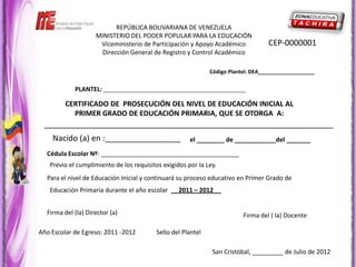REPÚBLICA BOLIVARIANA DE VENEZUELA
                    MINISTERIO DEL PODER POPULAR PARA LA EDUCACIÓN
                     Viceministerio de Participación y Apoyo Académico             CEP-0000001
                     Dirección General de Registro y Control Académico

                                                              Código Plantel: DEA___________________

            PLANTEL: ________________________________________________

         CERTIFICADO DE PROSECUCIÓN DEL NIVEL DE EDUCACIÓN INICIAL AL
           PRIMER GRADO DE EDUCACIÓN PRIMARIA, QUE SE OTORGA A:
 _________________________________________________________________
    Nacido (a) en :_________________                  el ________ de ____________del _______

  Cédula Escolar Nº: ________________________________________
   Previo el cumplimiento de los requisitos exigidos por la Ley.
  Para el nivel de Educación Inicial y continuará su proceso educativo en Primer Grado de
   Educación Primaria durante el año escolar      2011 – 2012


  Firma del (la) Director (a)                                             Firma del ( la) Docente

Año Escolar de Egreso: 2011 -2012         Sello del Plantel

                                                               San Cristóbal, _________ de Julio de 2012
 