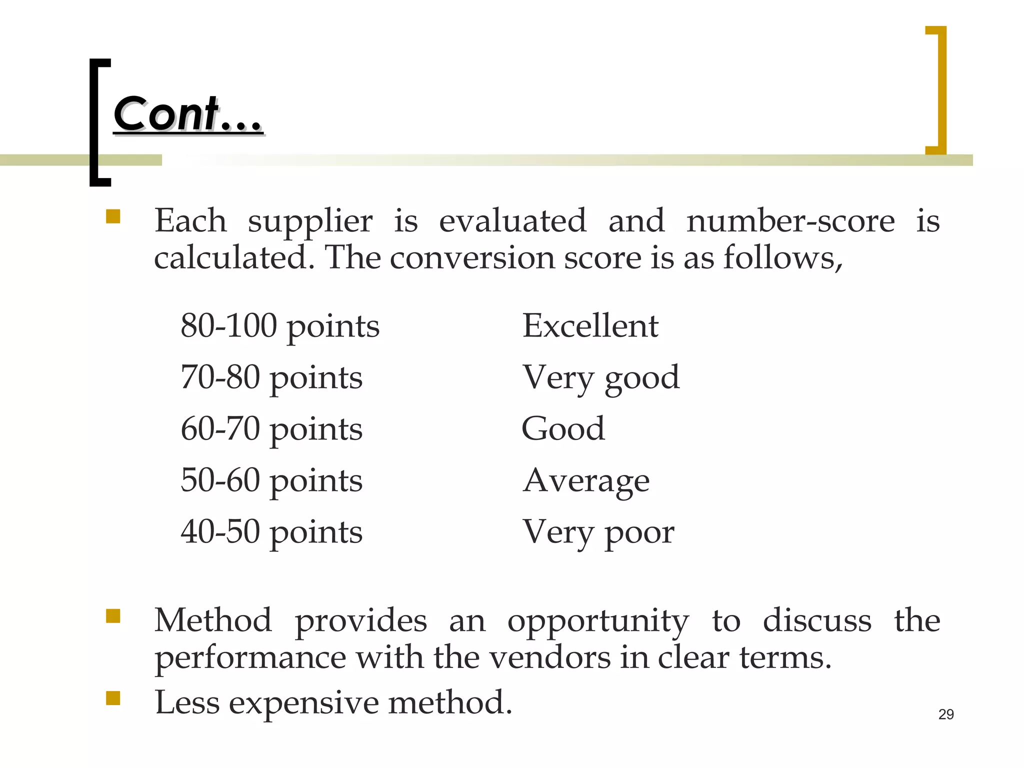 Cont…

   Each supplier is evaluated and number-score is
    calculated. The conversion score is as follows,

     80-100 points       Excellent
     70-80 points        Very good
     60-70 points        Good
     50-60 points        Average
     40-50 points        Very poor

   Method provides an opportunity to discuss the
    performance with the vendors in clear terms.
   Less expensive method.                       29
 