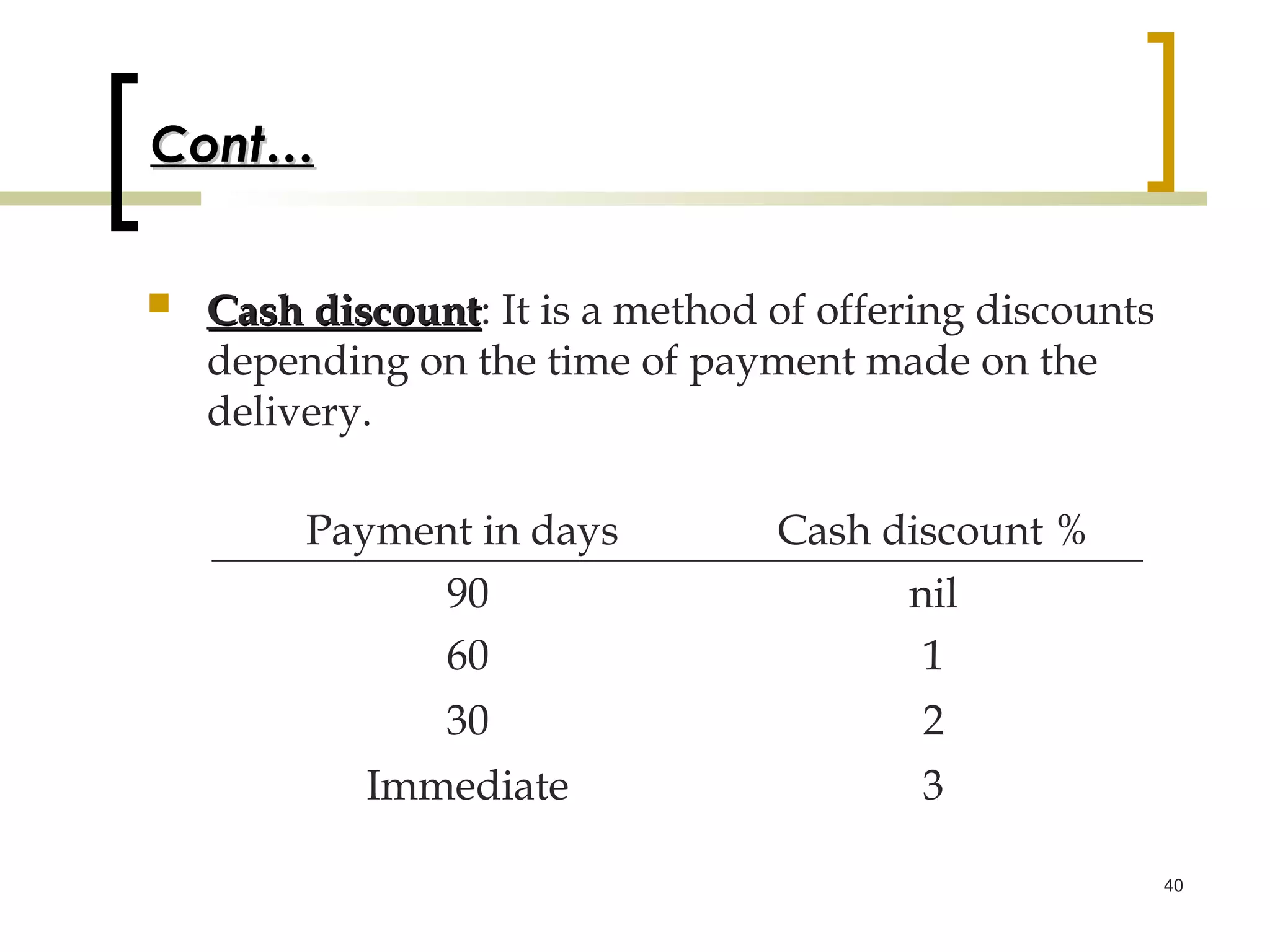 Cont…


   Cash discount: It is a method of offering discounts
          discount
    depending on the time of payment made on the
    delivery.

         Payment in days          Cash discount %
               90                       nil
               60                        1
                30                        2
            Immediate                     3

                                                          40
 