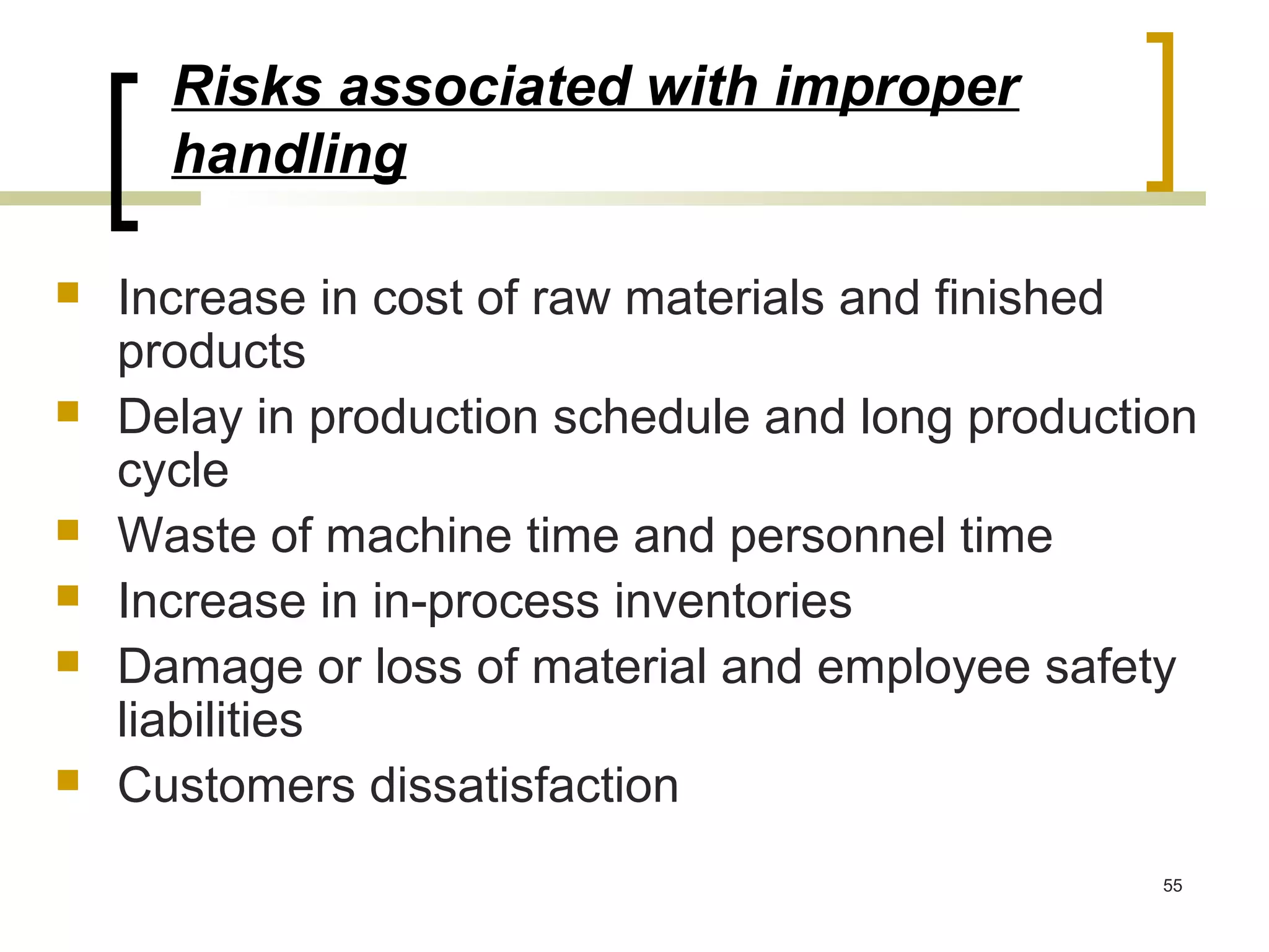 Risks associated with improper
      handling

   Increase in cost of raw materials and finished
    products
   Delay in production schedule and long production
    cycle
   Waste of machine time and personnel time
   Increase in in-process inventories
   Damage or loss of material and employee safety
    liabilities
   Customers dissatisfaction
                                                  55
 