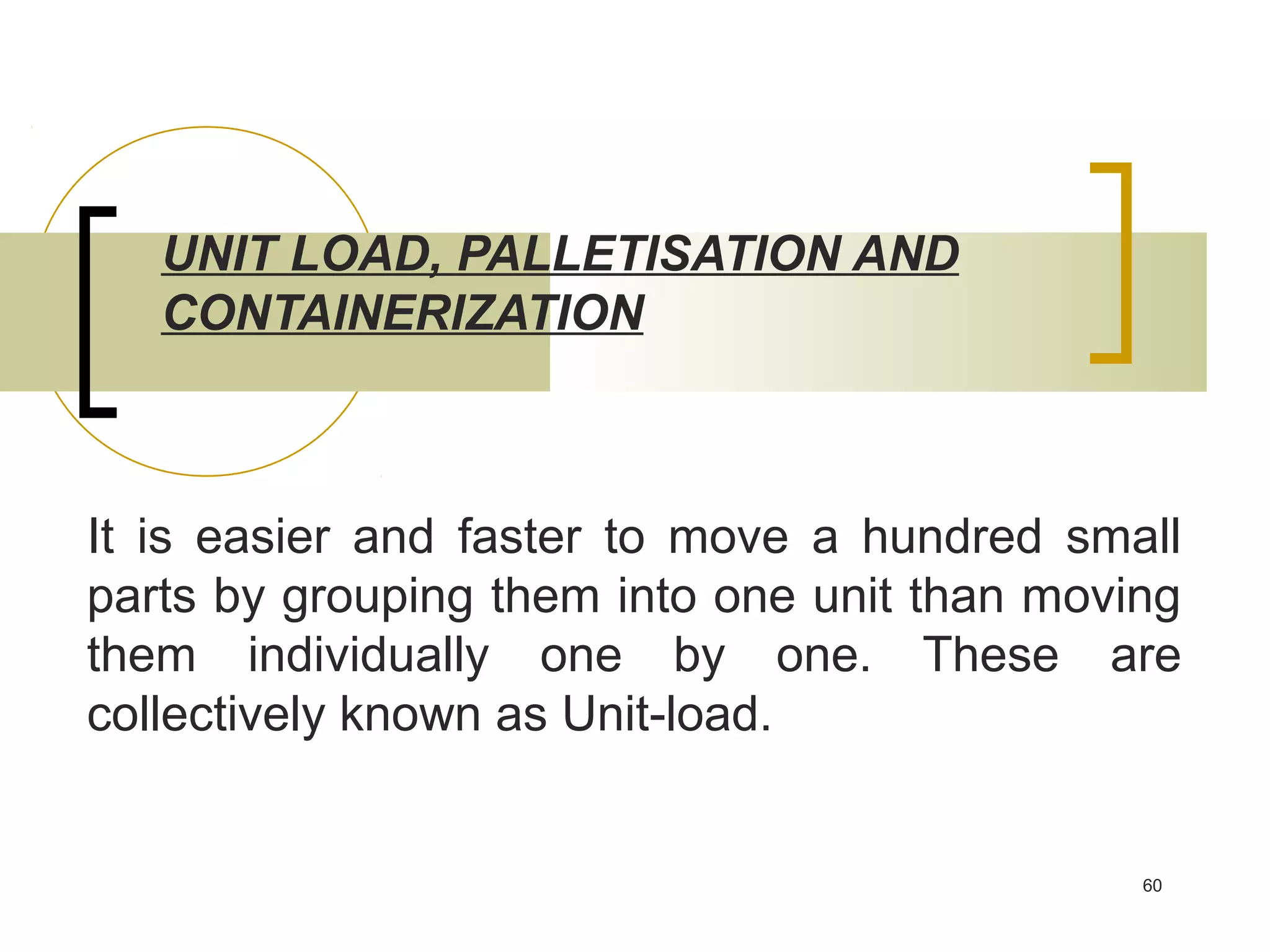 UNIT LOAD, PALLETISATION AND
   CONTAINERIZATION



It is easier and faster to move a hundred small
parts by grouping them into one unit than moving
them individually one by one. These are
collectively known as Unit-load.


                                              60
 