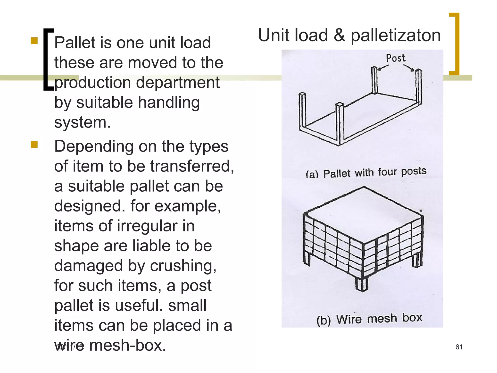    Pallet is one unit load      Unit load & palletizaton
    these are moved to the
    production department
    by suitable handling
    system.
   Depending on the types
    of item to be transferred,
    a suitable pallet can be
    designed. for example,
    items of irregular in
    shape are liable to be
    damaged by crushing,
    for such items, a post
    pallet is useful. small
    items can be placed in a
    wire mesh-box.
     02/11/13                                               61
 