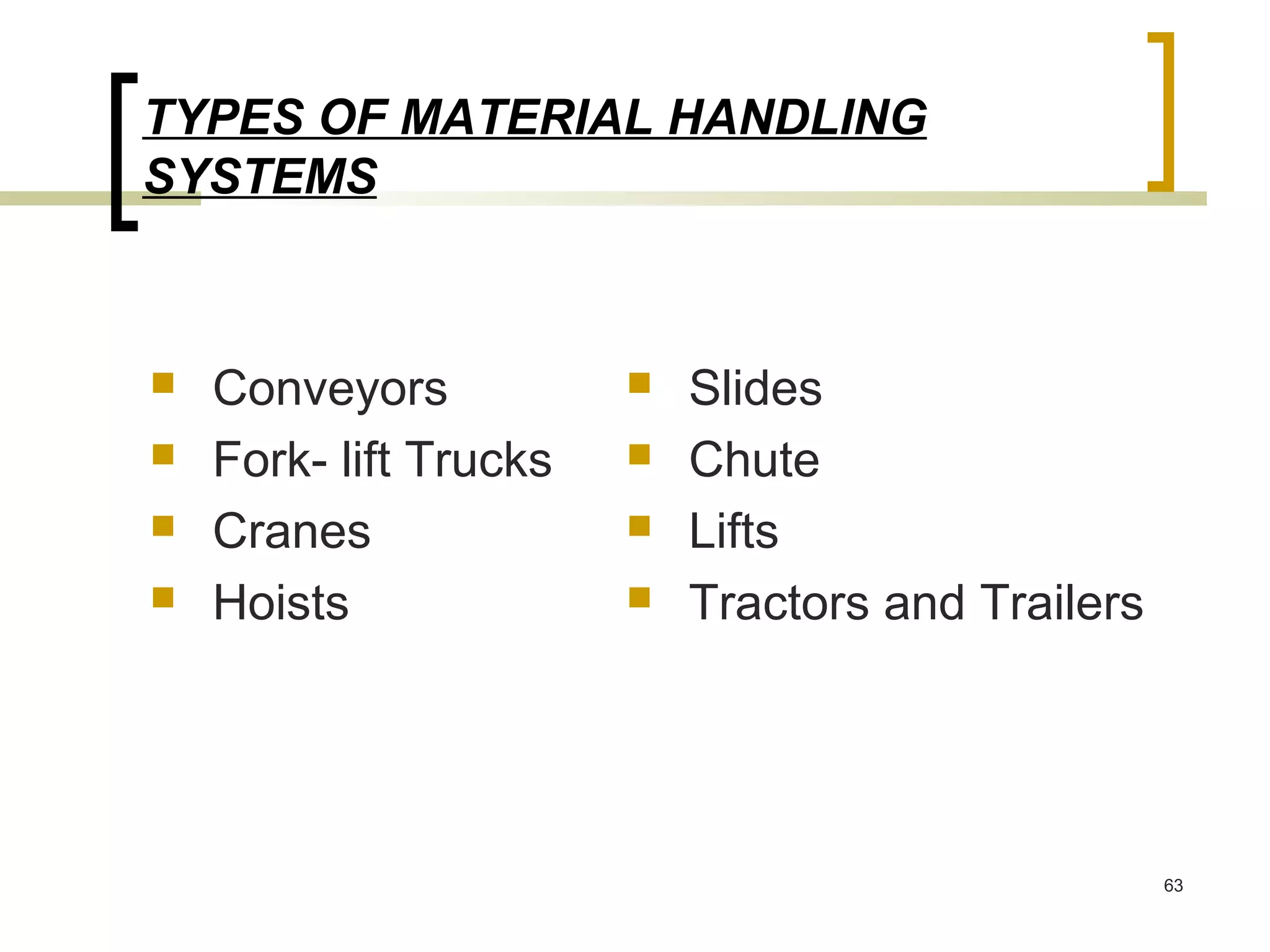 TYPES OF MATERIAL HANDLING
SYSTEMS



   Conveyors              Slides
   Fork- lift Trucks      Chute
   Cranes                 Lifts
   Hoists                 Tractors and Trailers




                                                    63
 