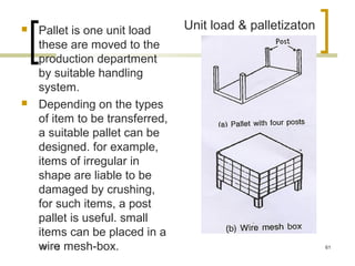    Pallet is one unit load      Unit load & palletizaton
    these are moved to the
    production department
    by suit...