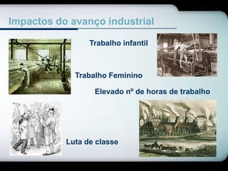 Impactos do avanço industrial

                 Trabalho infantil



             Trabalho Feminino

                  Elevado nº de horas de trabalho




           Luta de classe
 